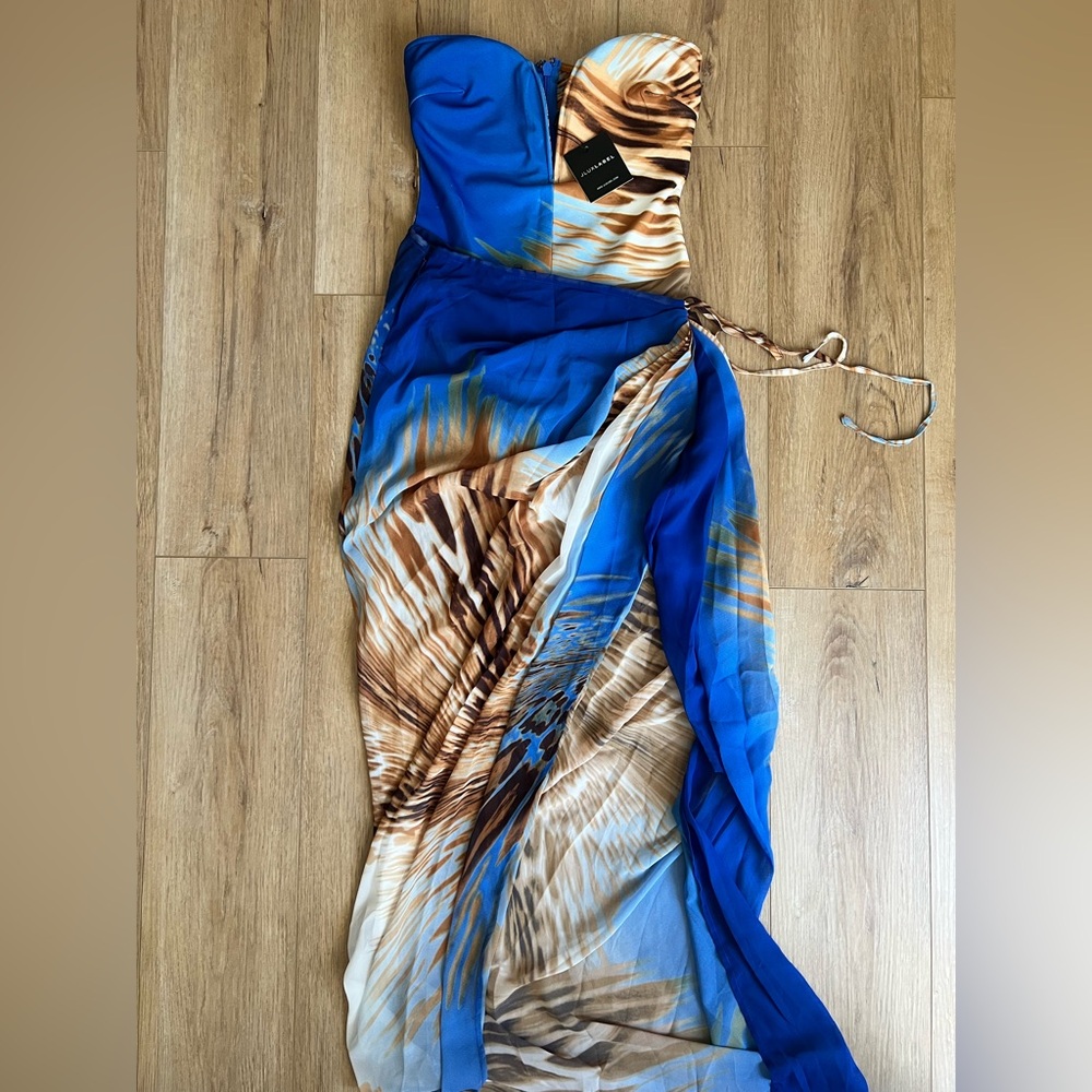 JLUXLABEL Blue & Brown Printed Swim Sarong Cover-Up